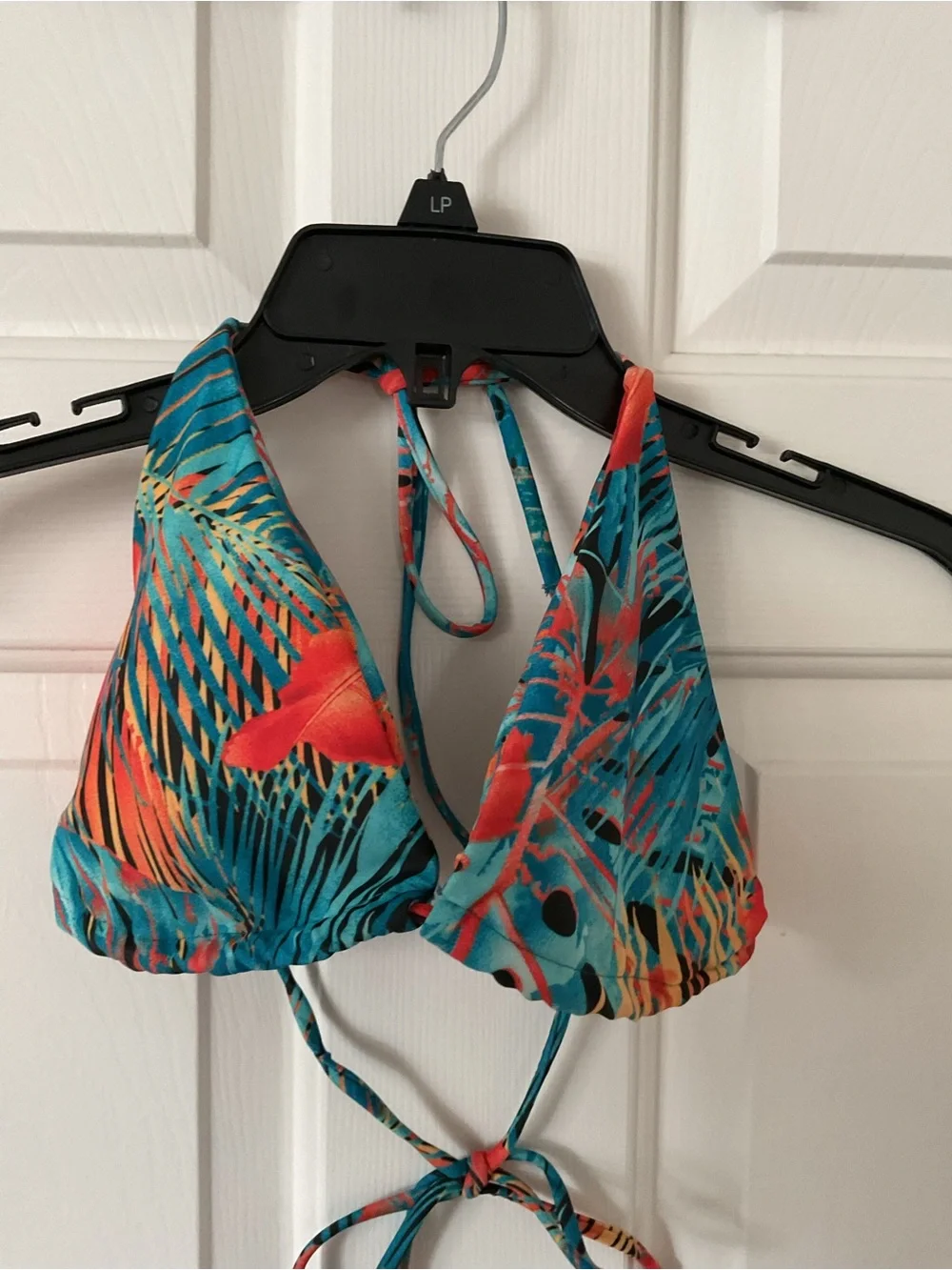 Tropical Print String Bikini Top in Teal and Coral - Picture 2 of 4